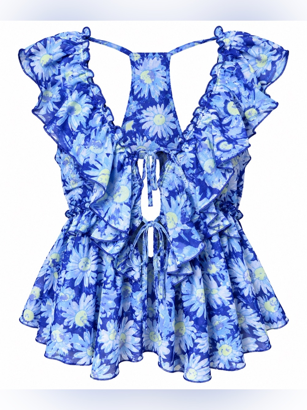 Free People M Blue Daisy Floral Ruffle Tie Front Blouse Boho Fairycore